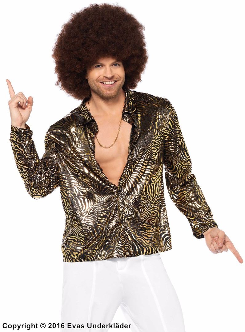 70-tals disco-kung, maskerad-skjorta med gyllne skimmer, zebra